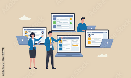 Task management, assign staff to finish work on schedule, project plan or efficiency work concept, business people team manage tasks assignment on computer laptop.