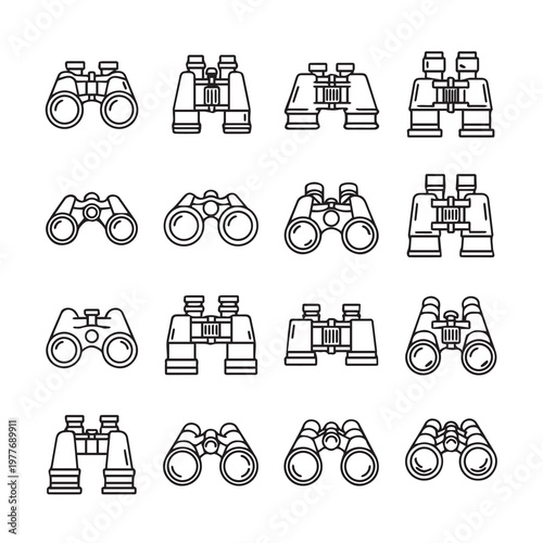 Binocular Icons Set in Outline Style on White Background for Visual Projects