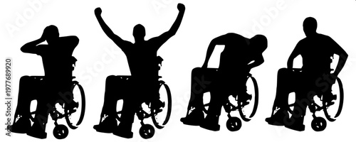“Inclusive accessibility icon set showing various wheelchair users in different poses, simple line-art vector style.”