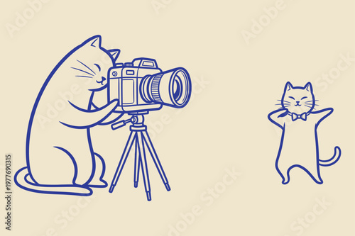 Minimalist Blue Ink Cat Photographer Taking Portrait of Cat with Bow Tie, Hand Drawn Vector