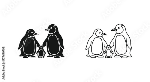 Minimalist penguin family vector icons, black and white emperor penguin silhouettes, arctic animal parent and chick line art illustrations