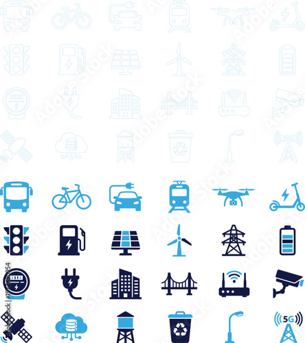 Smart city and technology icons in blue on white background.