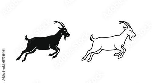 Jumping goat vector silhouettes, mountain goat line art icons, black and white farm animal graphics, leaping billy goat mascot illustrations
