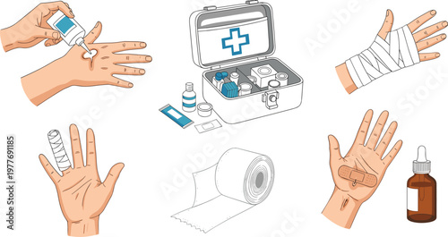 Illustration of First Aid Kit, Bandages, and Medical Treatments for Injury Care, Wound Healing, and Health Safety Design