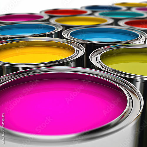 Multiple open paint cans filled with vibrant colors including cyan, magenta, yellow, red, purple and grey viewed from above