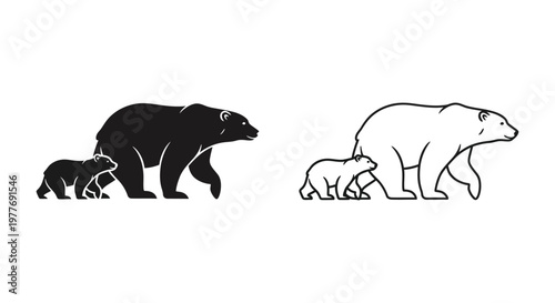 Minimalist polar bear and cub vector silhouettes, arctic wildlife mother and baby line art icons, black and white animal family graphics