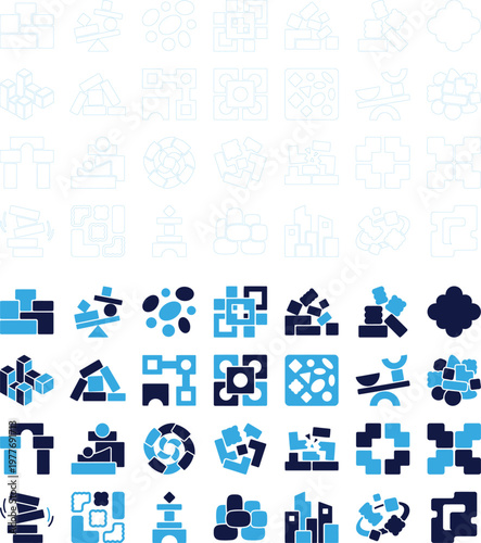 Foto Building blocks and shapes in blue and dark blue for construction and play