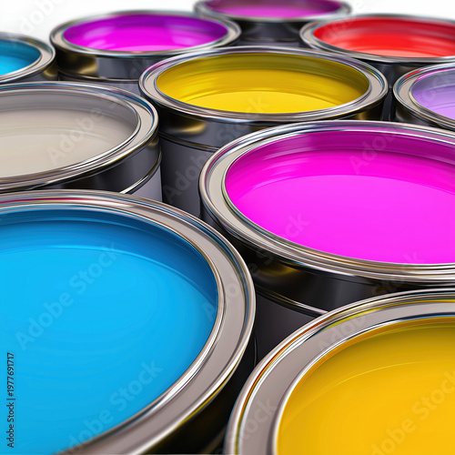 Multiple open paint cans filled with vibrant colors including cyan, magenta, yellow, red, purple and grey viewed from above