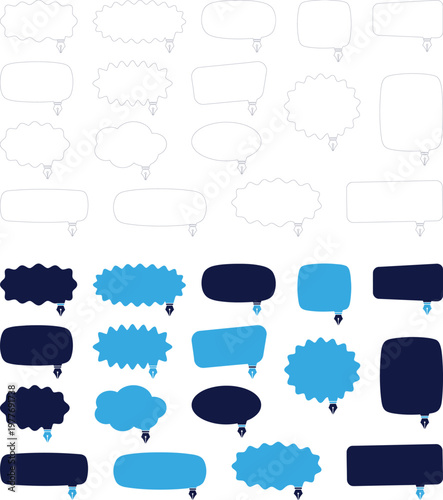 Speech bubble shapes collection with pen nib for creative writing.