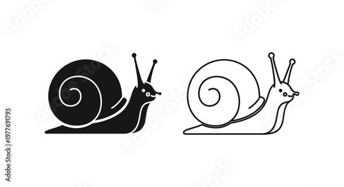 Minimalist snail vector icons, black silhouette and outline garden gastropod symbols, cute slow moving mollusk illustrations for nature apps