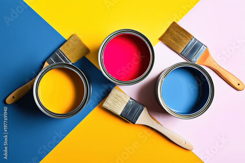 Top view of three open paint cans in blue, yellow and pink with two wooden paintbrushes on geometric color-blocked background
