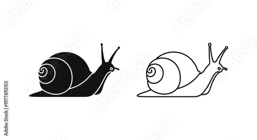 Minimalist snail vector icons, black silhouette and thin line art gastropod illustrations, simple garden mollusk symbols for nature branding
