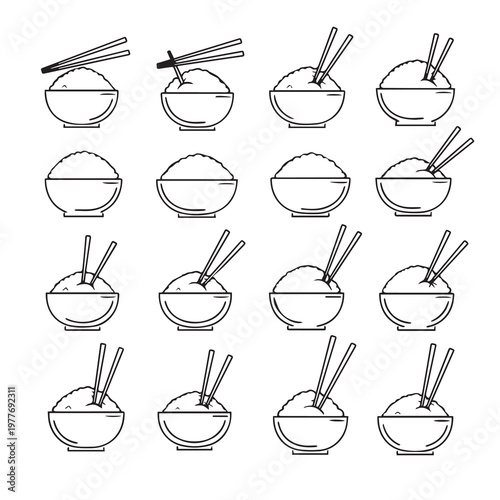 Bowl of rice with chopsticks icons in clean line art style for Asian cuisine