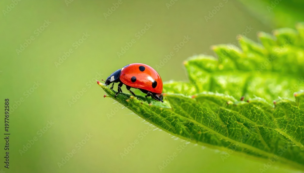 Fototapeta premium Ladybug on a Green Leaf Closeup.