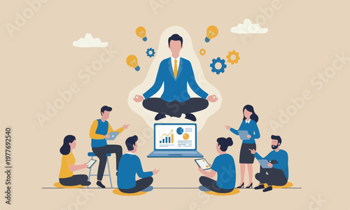 Business guru or,meeting teams together target consultant, smart thinking to solve problem concept, genius businessman sitting meditate working with computer laptop floating in the air