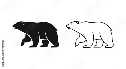 Minimalist polar bear vector icons, black silhouette and line art grizzly bear illustrations, walking wild animal profile graphics for logos
