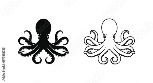 Minimalist octopus vector icons, black and white kraken silhouette and line art set, nautical sea creature graphics for logo design and branding