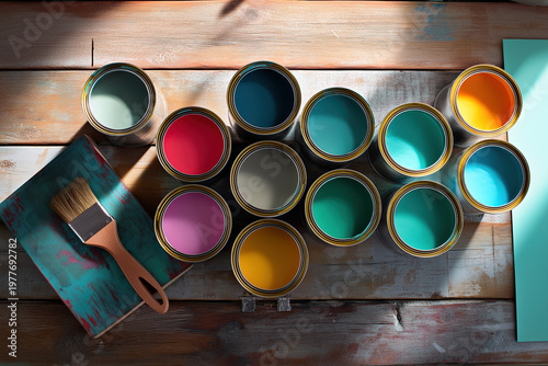 Top view of twelve open paint cans in assorted colors with two paintbrushes and painted wood samples on rustic weathered wooden surface