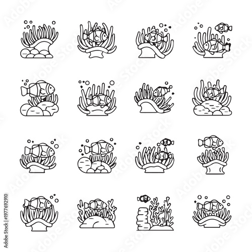 Clownfish in anemone illustration icon set with clean lines and simple shapes