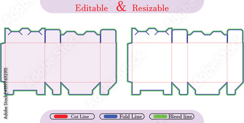 Box die cut template with cut, fold, and bleed lines