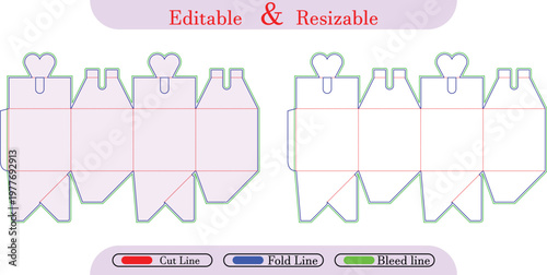 Box template with cut, fold, and bleed lines packaging die cut