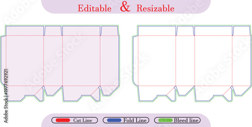 Box template with cut, fold, and bleed lines packaging die cut