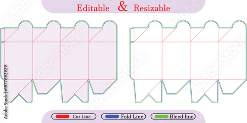 Box template with cut, fold, and bleed lines packaging die cut