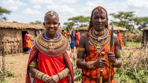 Maasai woman standing in a traditional Maasai boma, showcasing cultural heritage, vibrant attire, and rural lifestyle.