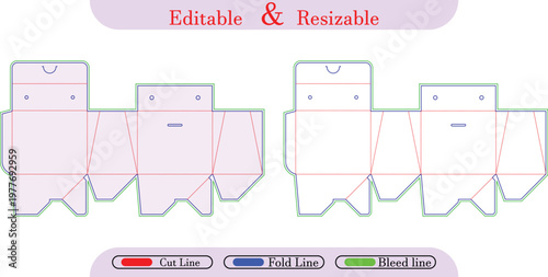 Packaging box die cut template with cut, fold, and bleed lines