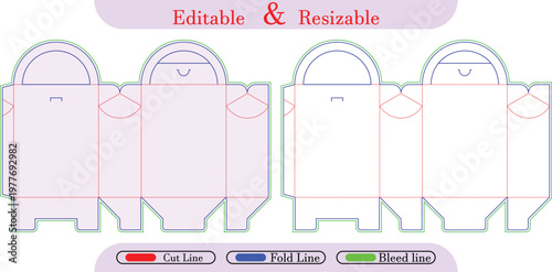 Packaging box die cut template with fold and bleed lines