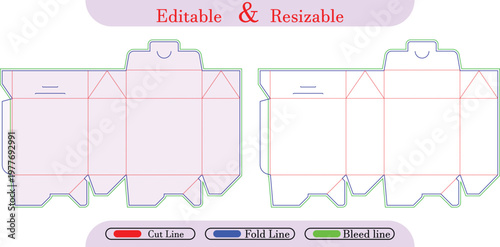 Packaging box die cut template with fold and bleed lines