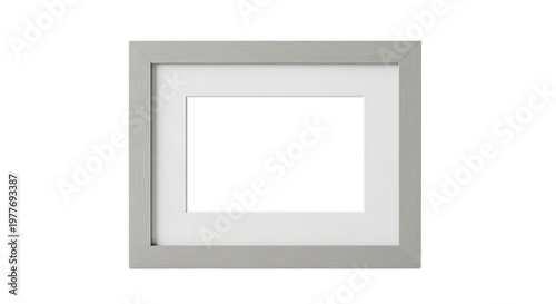 Minimalist grey wooden picture frame with clean white matting showcasing a blank space for custom photo or artwork display isolated on a pure white background with soft studio