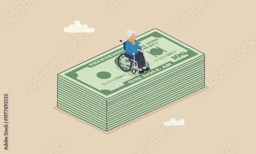 Cost of retirement, health insurance or medical industry business concept, miniature senior old woman figurine sitting on wheelchair on US dollar banknotes money