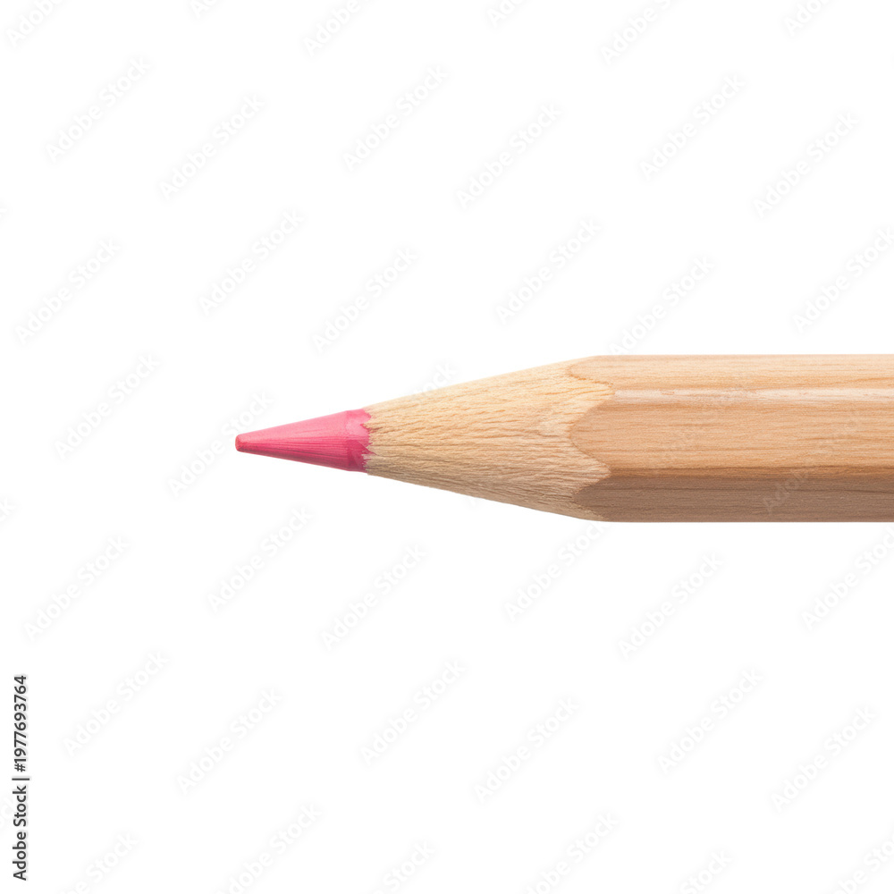 Obraz premium A single wooden colored pencil, vibrant freshly sharpened pink lead, visible cedar wood grain, perfectly pointed tip, smooth waxy texture, on a transparent studio background with soft shadow,