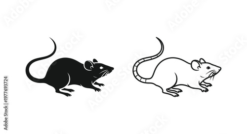 Minimalist rat vector silhouettes, black and white mouse line art icons, hand drawn rodent animal illustrations for logo design and educational graphics