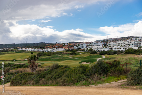 Seaside spanish landscape. La Alcaidesa urbanization on Costa del Sol, Andalusia Spain. Cadiz province.