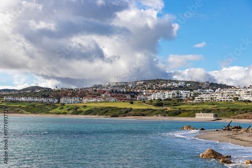 Seaside spanish landscape. La Alcaidesa urbanization on Costa del Sol, Andalusia Spain. Cadiz province.