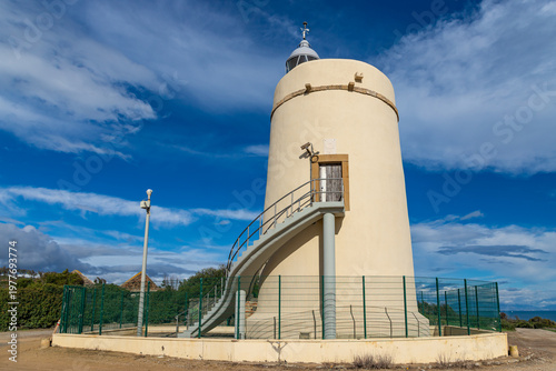 Carbonera lighthouse located on Punta Mala, La Alcaidesa, Spain. Lantern overlooks the Strait of Gibraltar.