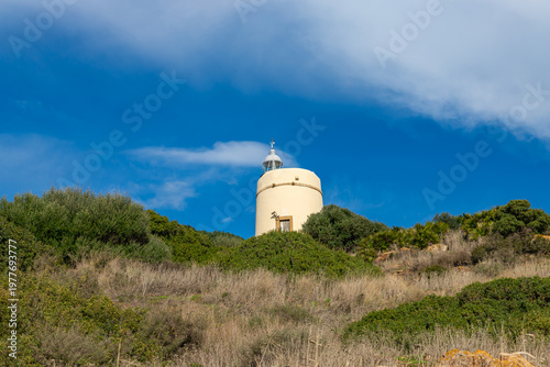 Carbonera lighthouse located on Punta Mala, La Alcaidesa, Spain. Lantern overlooks the Strait of Gibraltar.