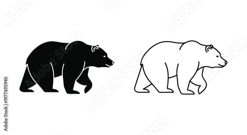 Minimalist bear vector silhouettes, walking grizzly bear line art icons, black and white forest animal graphics for outdoor branding and logos