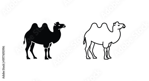 Bactrian camel vector icons set, black silhouette and outline dromedary animal illustrations, desert wildlife graphics for logo design