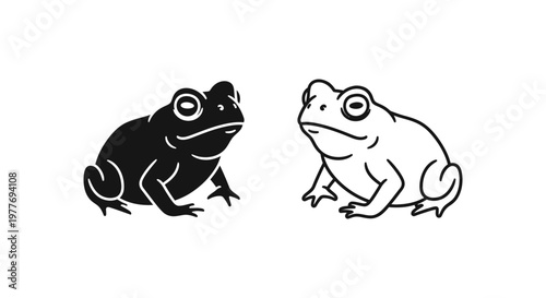 Minimalist frog vector icons, black and white toad silhouettes, hand drawn amphibian line art, set of 2 pond animal illustrations for nature logos