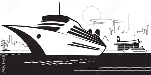 Cruise ship sails from the city port – vector illustration