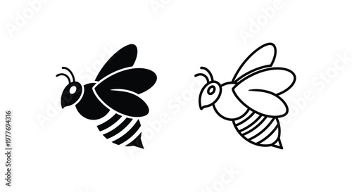 Minimalist honey bee vector icons, black silhouette and outline bumblebee set, flying insect logo elements for organic honey branding