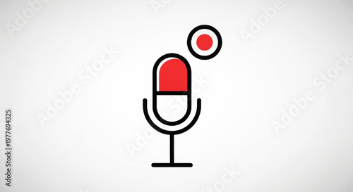 A minimalist vector illustration of a retro microphone with a red recording light, symbolizing audio recording and broadcasting, perfect for digital content creation