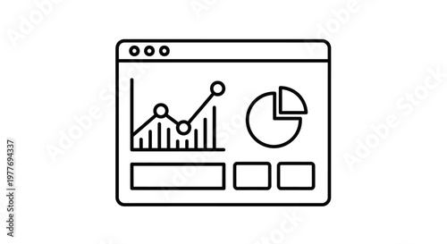 Line art illustration of a web page displaying various data visualization charts bar graph, line graph, and pie chart