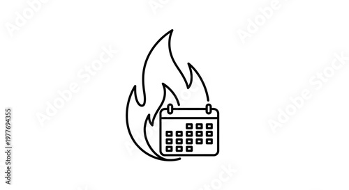 Calendar on fire icon representing urgent deadlines and time pressure, conceptual illustration of overwhelming schedules and tight timeframes