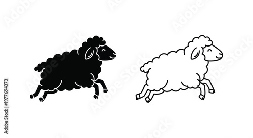 Minimalist jumping sheep vector set, black and white lamb icons, hand drawn farm animal silhouettes for logos and nursery decor