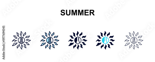 summer multi-style outline icon set - weather concept. Thin line, regular, filled, colored summer icon