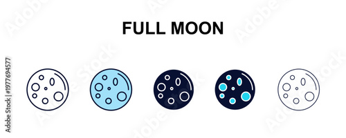 full moon multi-style outline icon set - weather concept. Thin line, regular, filled, colored full moon icon